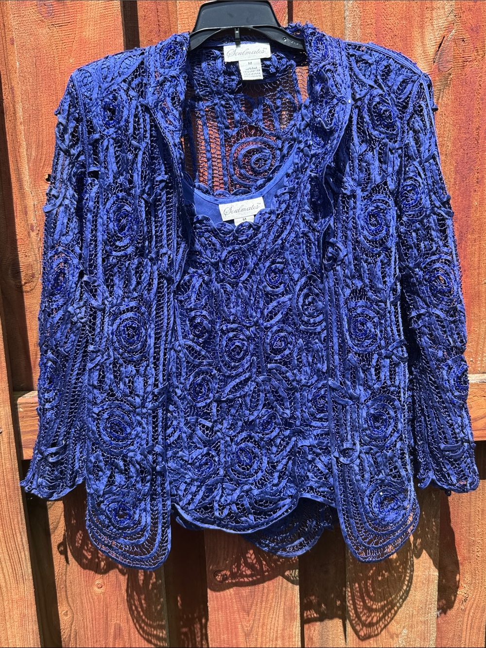Soulmates Royal Blue 100% Silk Hand Crochet Beaded Jacket Cami 2pc Set M